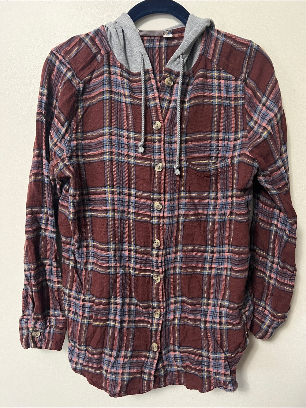 SO Plaid Button-Up Shirt with Gray Hood